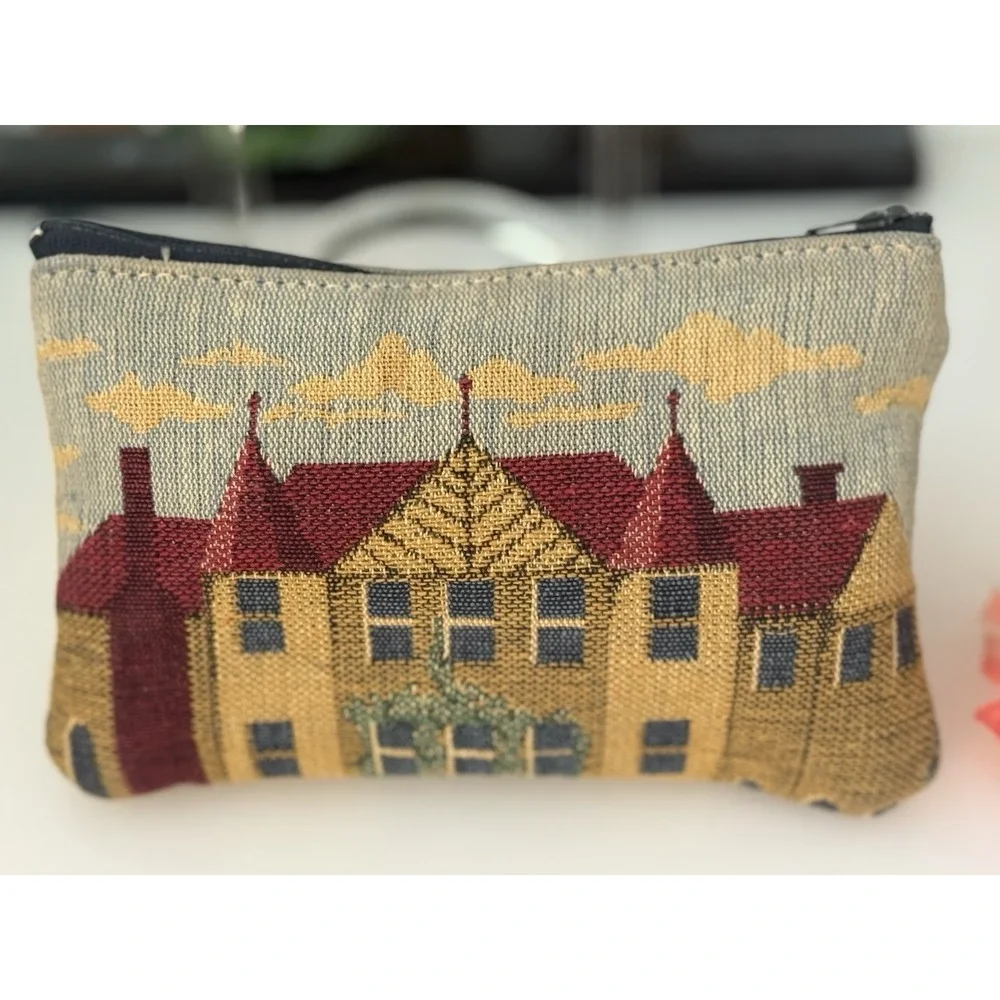 Vintage Tapestry Row Houses‎ Embroidered Style Zippered Bag Makeup Pouch 7